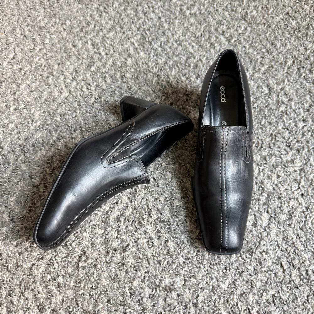 Ecco Loafers Black Leather Pumps Heel UK 5.5 US 7 Square Toe Classic Y2k 90s